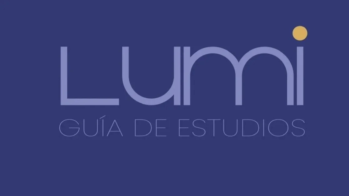 Portada de la guía de estudios de Lumi con fondo azul oscuro y texto en letras moradas y una mancha amarilla sobre la letra 'i'.