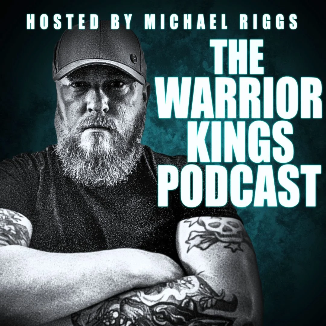 The Warrior Kings Podcast cover art, hosted by Michael Riggs — a podcast on marriage, masculinity, and success mindset for men. featuring a man with a beard wearing a baseball cap and tattoos on his arms.