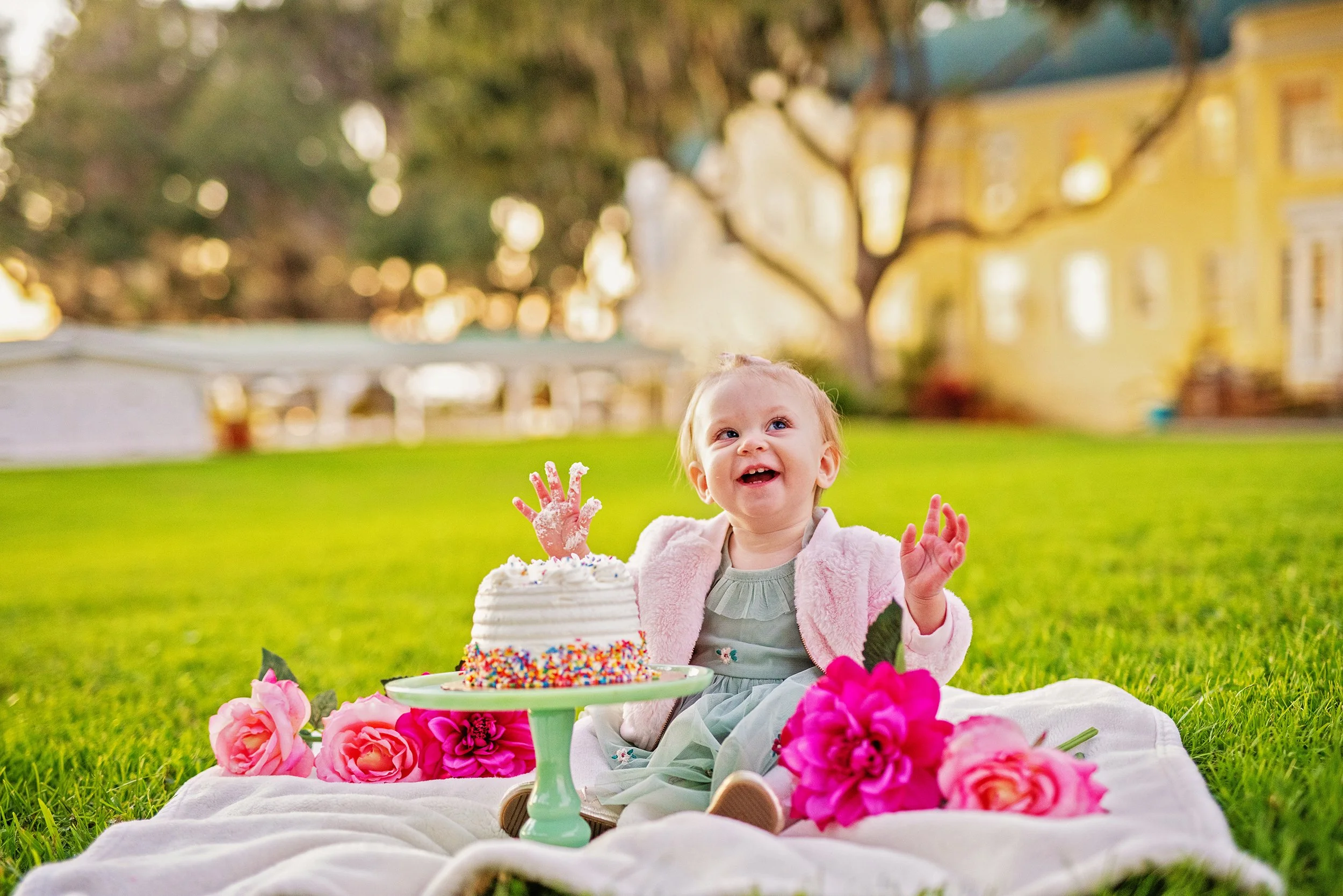 A little girl posing with her birthday cake for her 1st birthday photo session