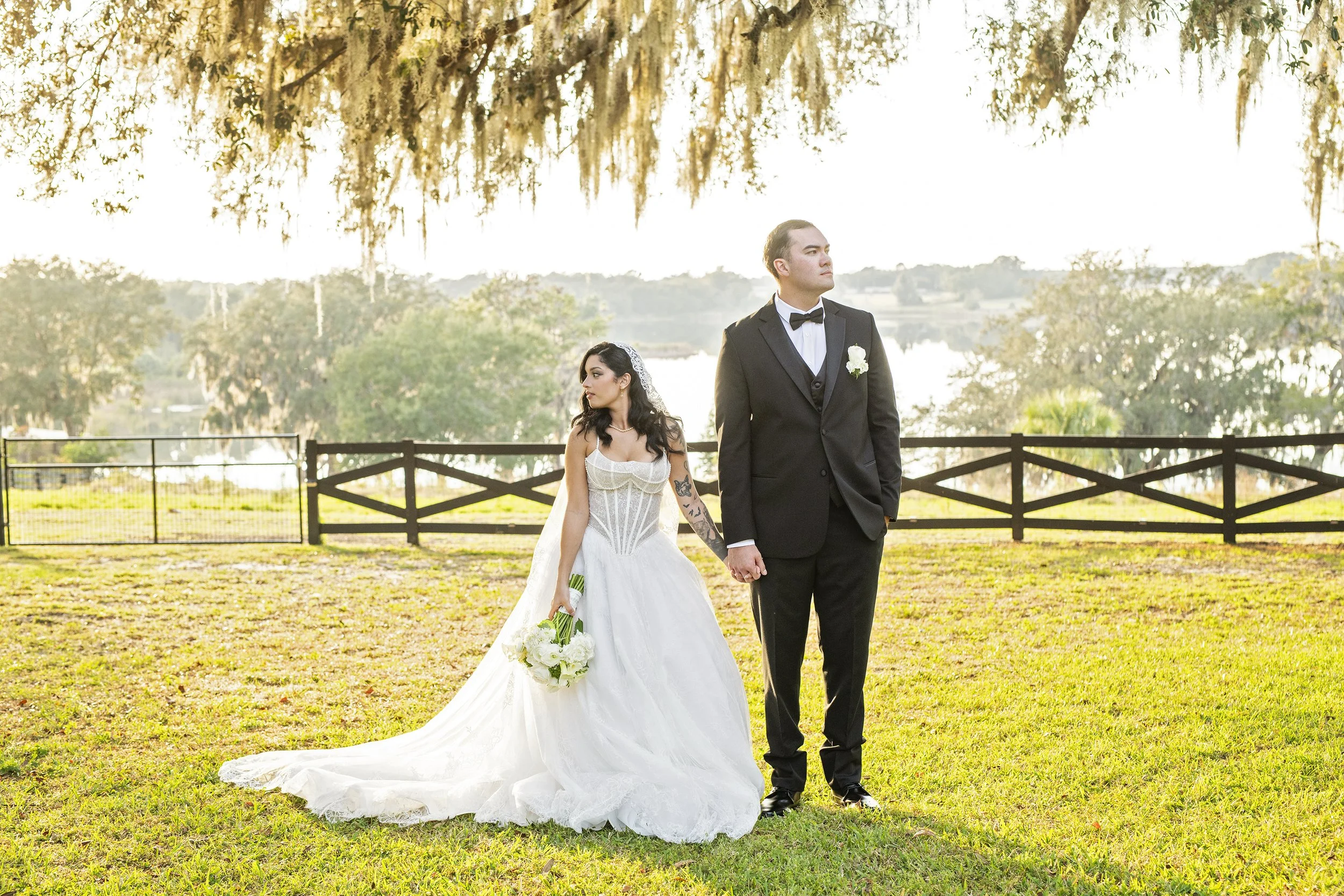 A couple on their wedding day in Central Florida with beautiful golden hour