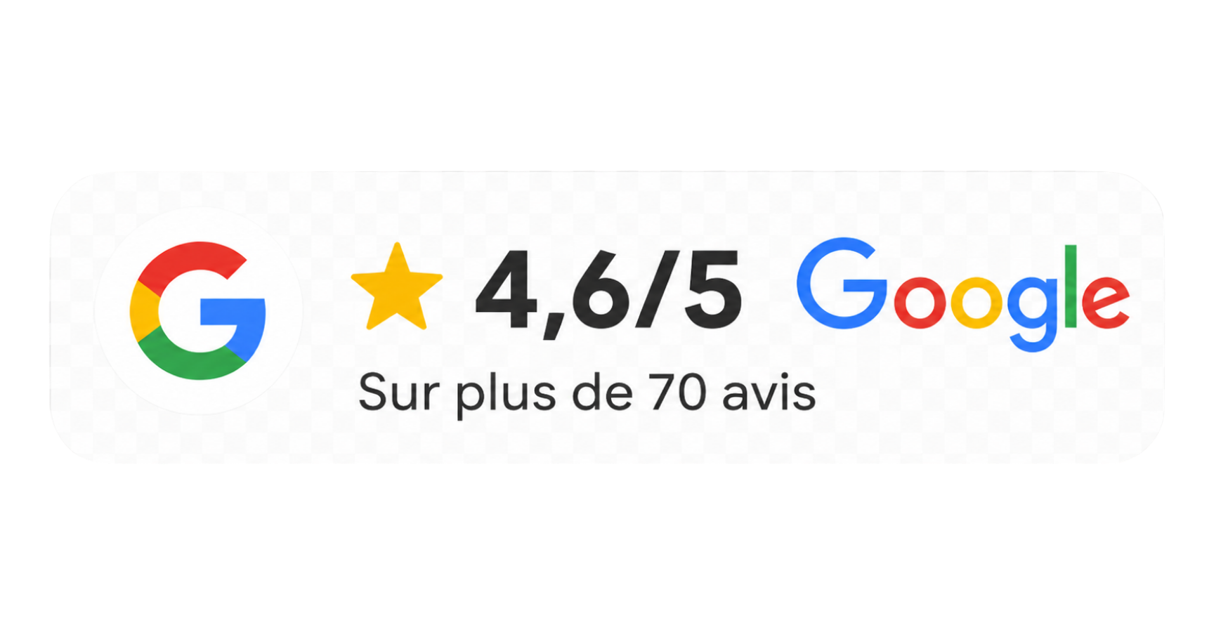 Avis Google avec une note de 4,65 étoiles sur 5 basée sur plus de 70 avis, affiché avec le logo Google en couleurs.