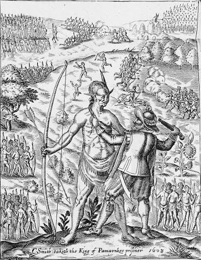 Historical illustration of a confrontation between a large indigenous man with a bow and a European man with a sword, surrounded by scenes of warfare and travel in a wilderness setting.