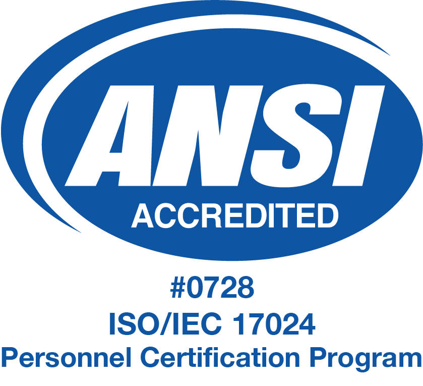 Certified badge from ANSI indicating accreditation for the ISO/IEC 17024 Personnel Certification Program, with the number #0728.