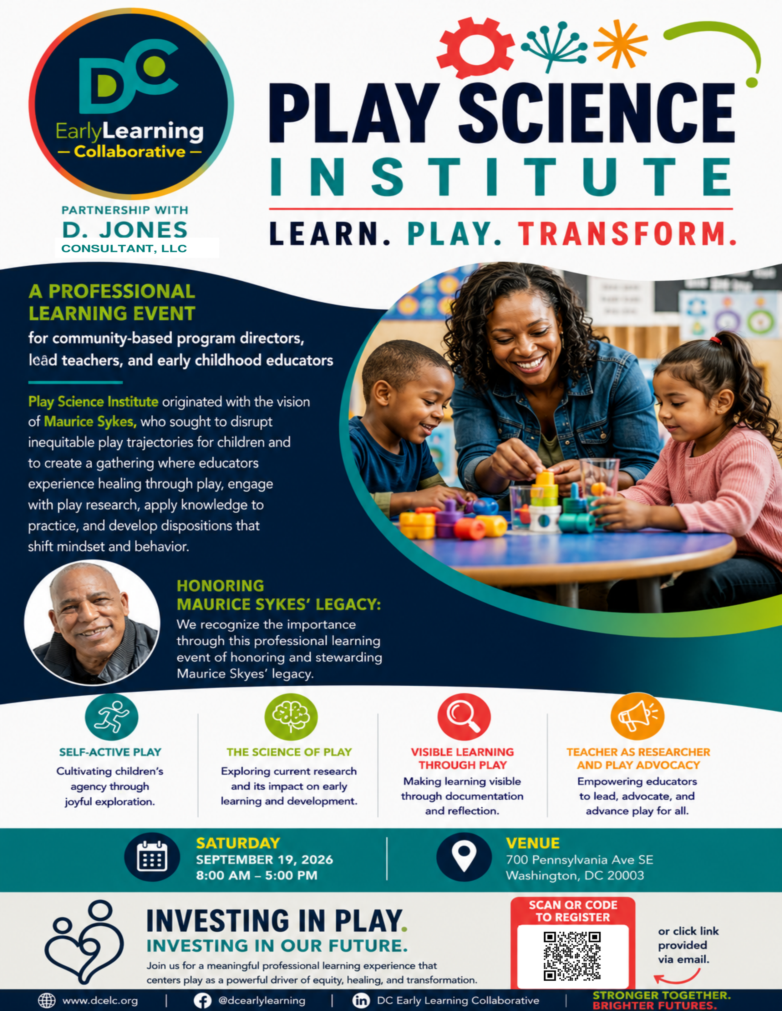 Flyer for Play Science Institute, a professional learning event in Washington, DC, on September 19, 2026, from 8 am to 5 pm, organized by DC Early Learning Collaborative, focusing on early childhood education, play, and advocacy, with event details and a QR code for registration.