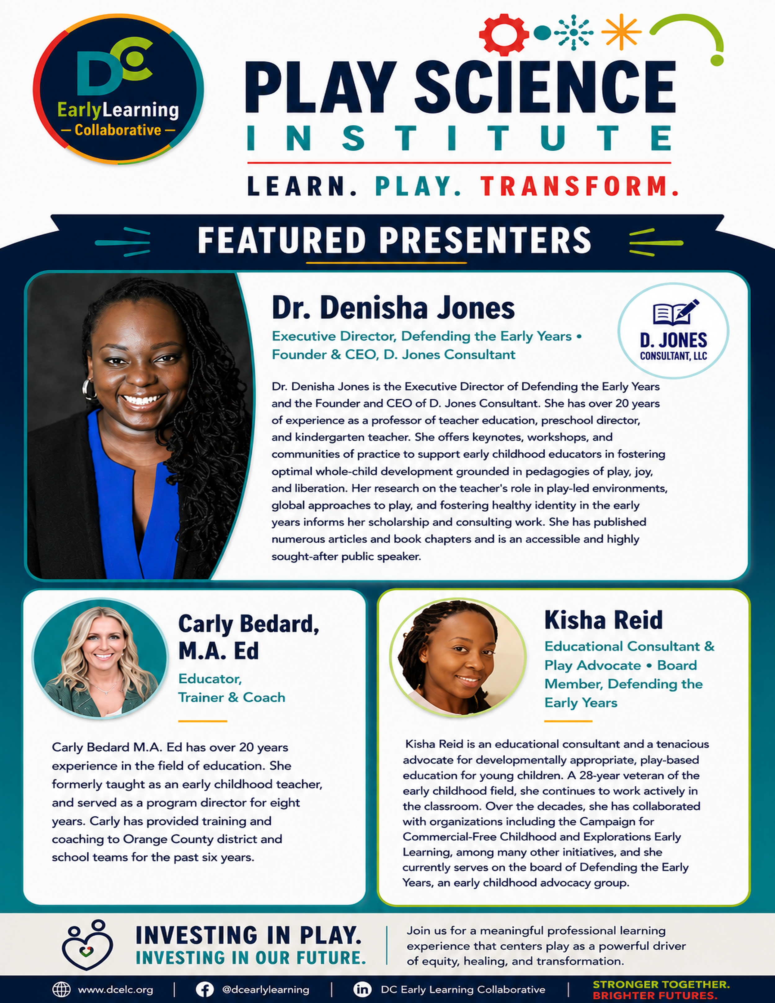 Event poster for the Play Science Institute featuring Dr. Denisha Jones, Carly Bedard, and Kisha Reid, with colorful graphics and descriptions of their roles in early childhood education.