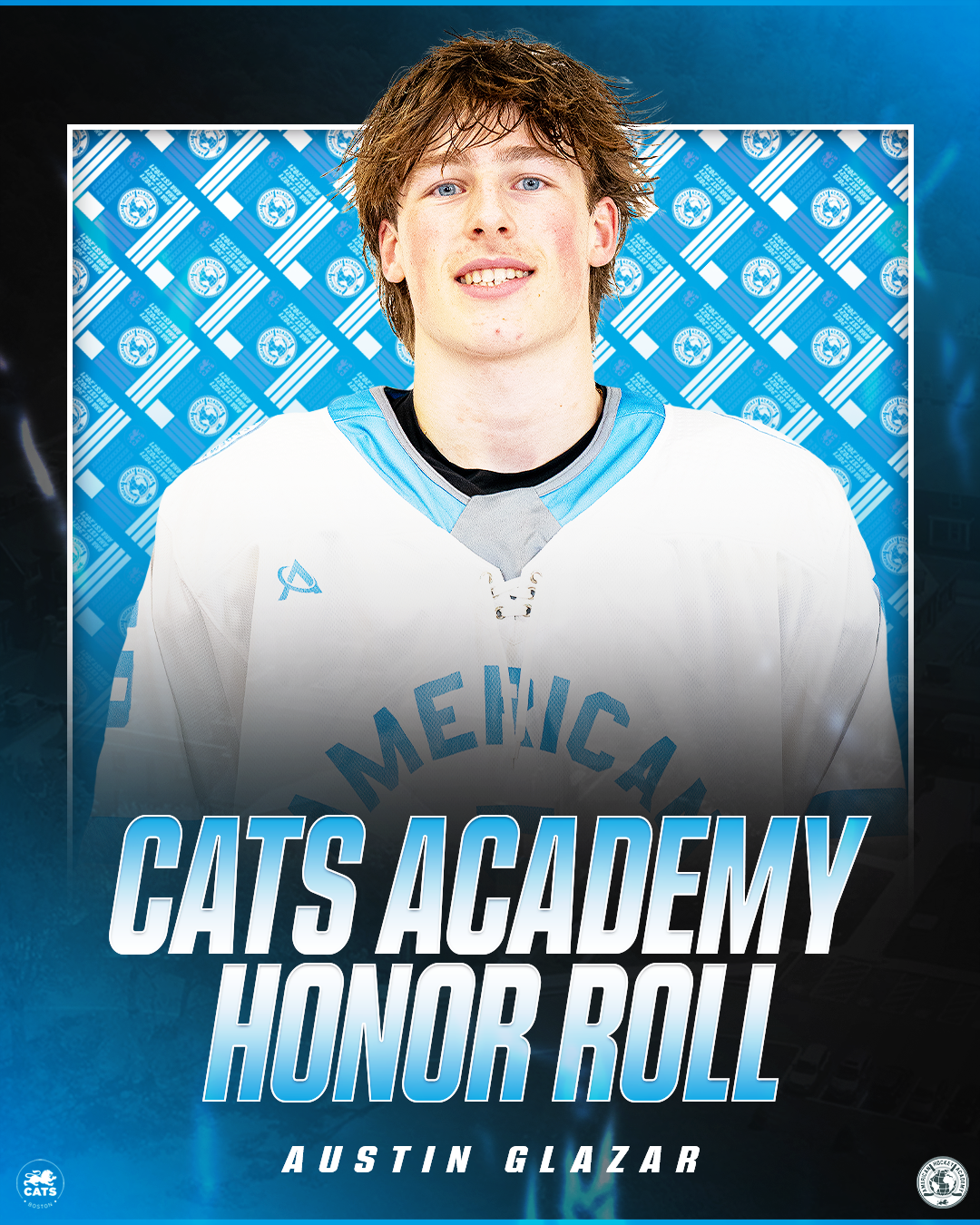 Young male ice hockey player in white jersey with blue accents, smiling, standing in front of a blue patterned background, with text overlay reading 'CATS ACADEMY HONOR ROLL' and 'AUSTIN GLAZAR'.