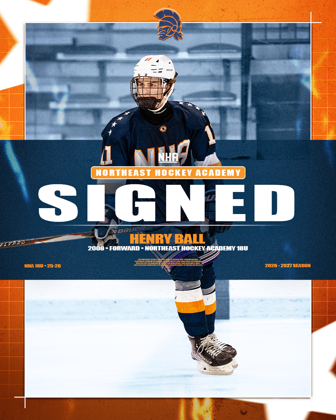 A young hockey player wearing a navy blue jersey with white and orange accents, skating on the ice with a smile, celebrating signing with Northeast Hockey Academy. The image includes text overlay indicating the signing details and a North American Hockey League (NHA) logo at the top.