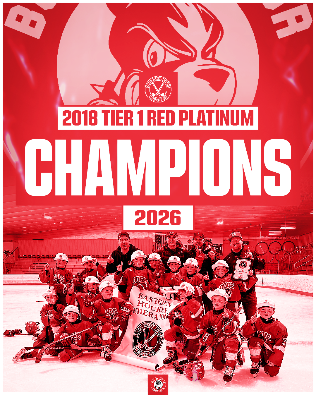 A group of young hockey players and coaches celebrating with a banner in an indoor ice rink, holding a plaque, with a large graphic announcing the 2018 Tier 1 Red Platinum Champions of 2026.