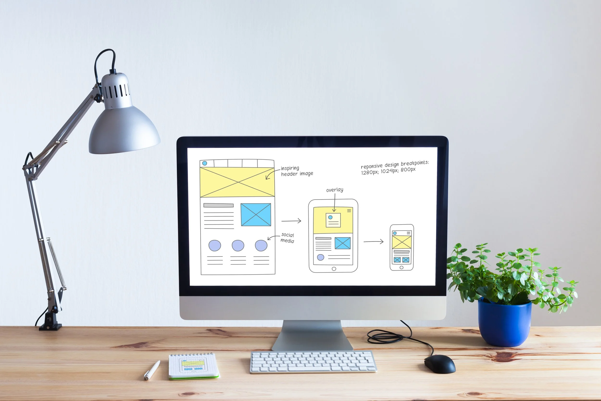 A computer monitor displaying website wireframes and layout sketches on a white wall, a silver adjustable desk lamp on the left, a potted green plant on the right, a notepad, markers, and a keyboard on a wooden desk.