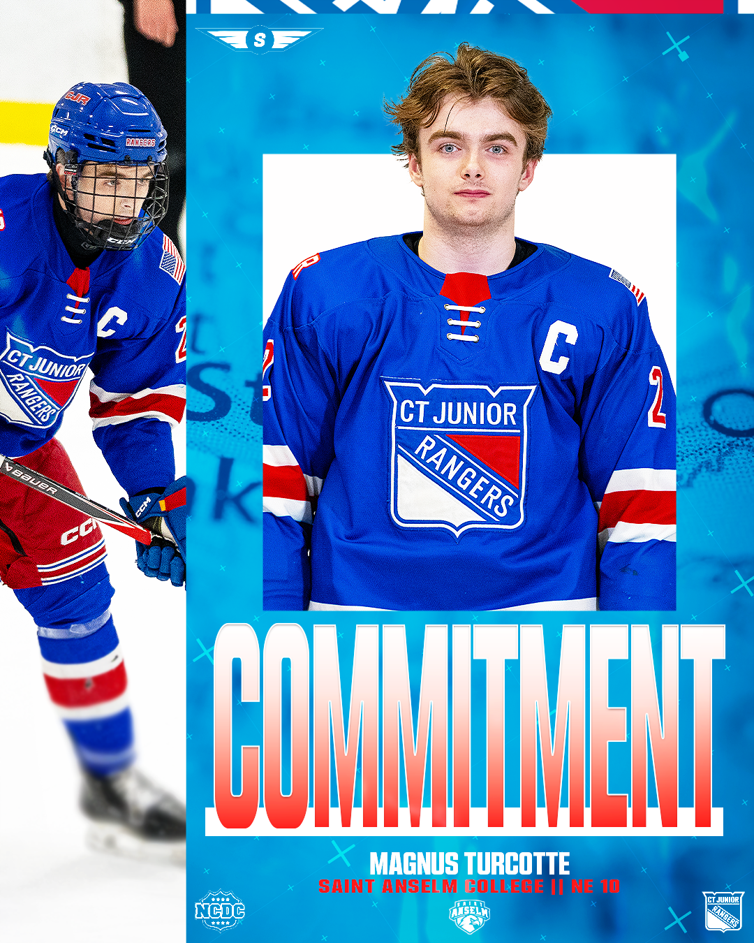 A young male hockey player in a blue CT Junior Rangers jersey with a white captain's 'C' and red and white trim, standing in front of a blue background with the word 'COMMITMENT' in large red and white letters. Another player in blue and red hockey gear is to the left, skating on ice.