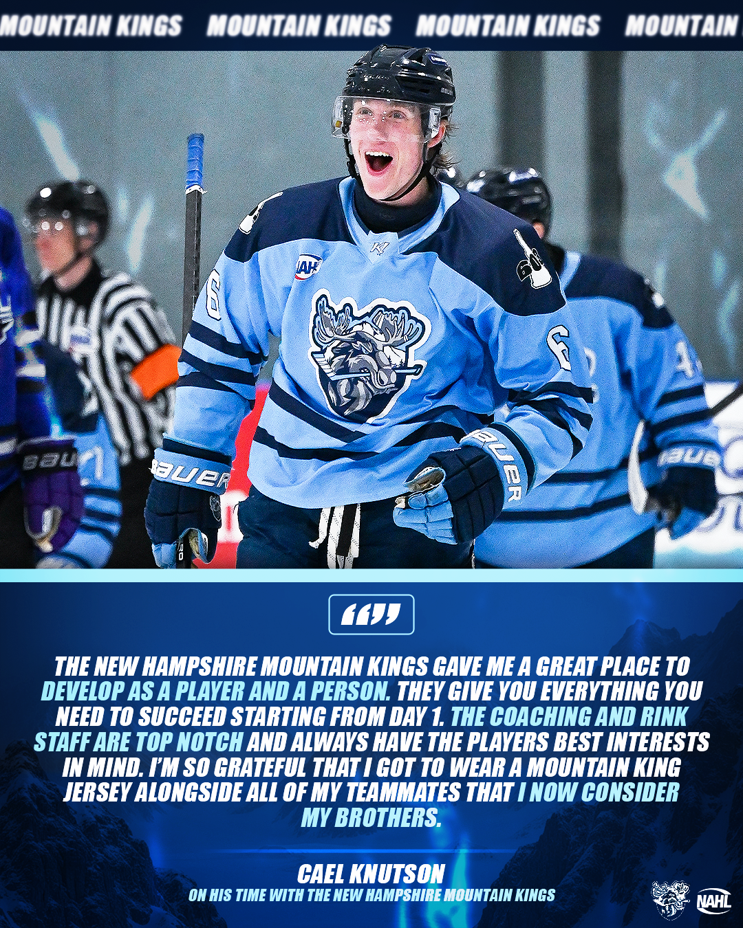 Hockey player smiling and celebrating in a blue Mountain Kings jersey on ice rink, with other teammates and referee in background.