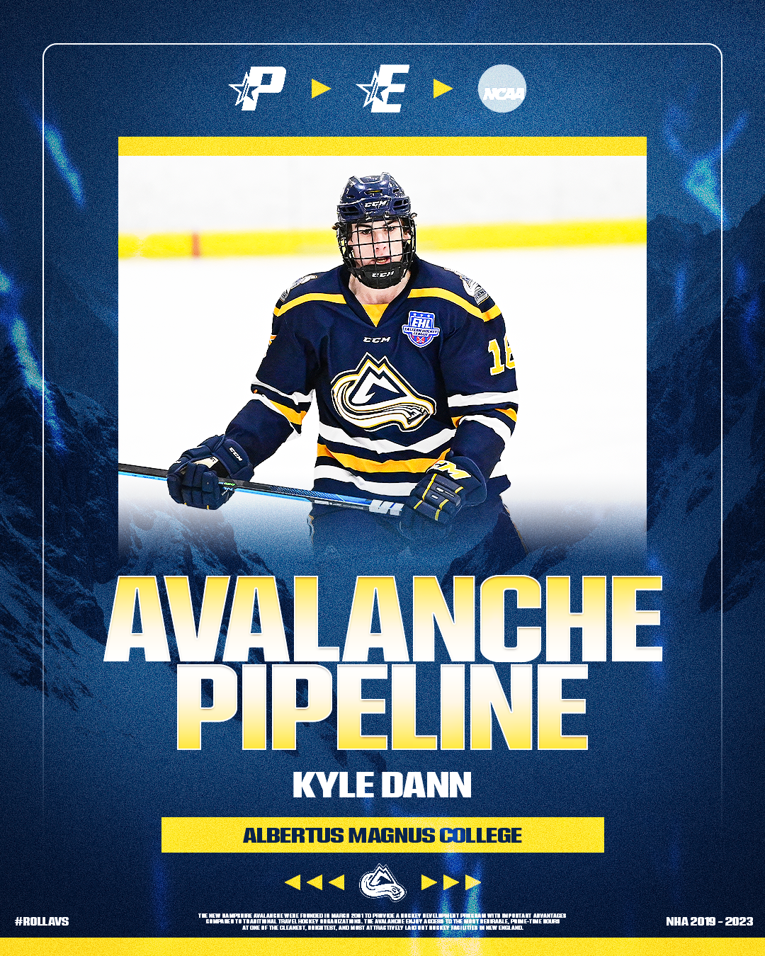 A hockey player in a navy and yellow uniform holding a hockey stick on an ice rink, with text overlay that reads 'Avalanche Pipeline' and 'Kyle Dann, Albertus Magnus College.'