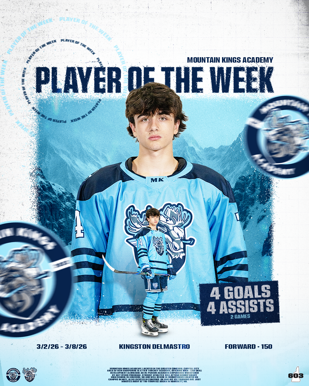 Poster featuring a young male hockey player from Mountain Kings Academy named Kingston Delmastro, highlighting his achievements of 4 goals and 4 assists in 2 games. The poster showcases a large photo of him in a blue hockey uniform with a moose logo, a smaller full-body image of him in hockey gear, and text emphasizing his player of the week award from March 2 to March 8, 2026.