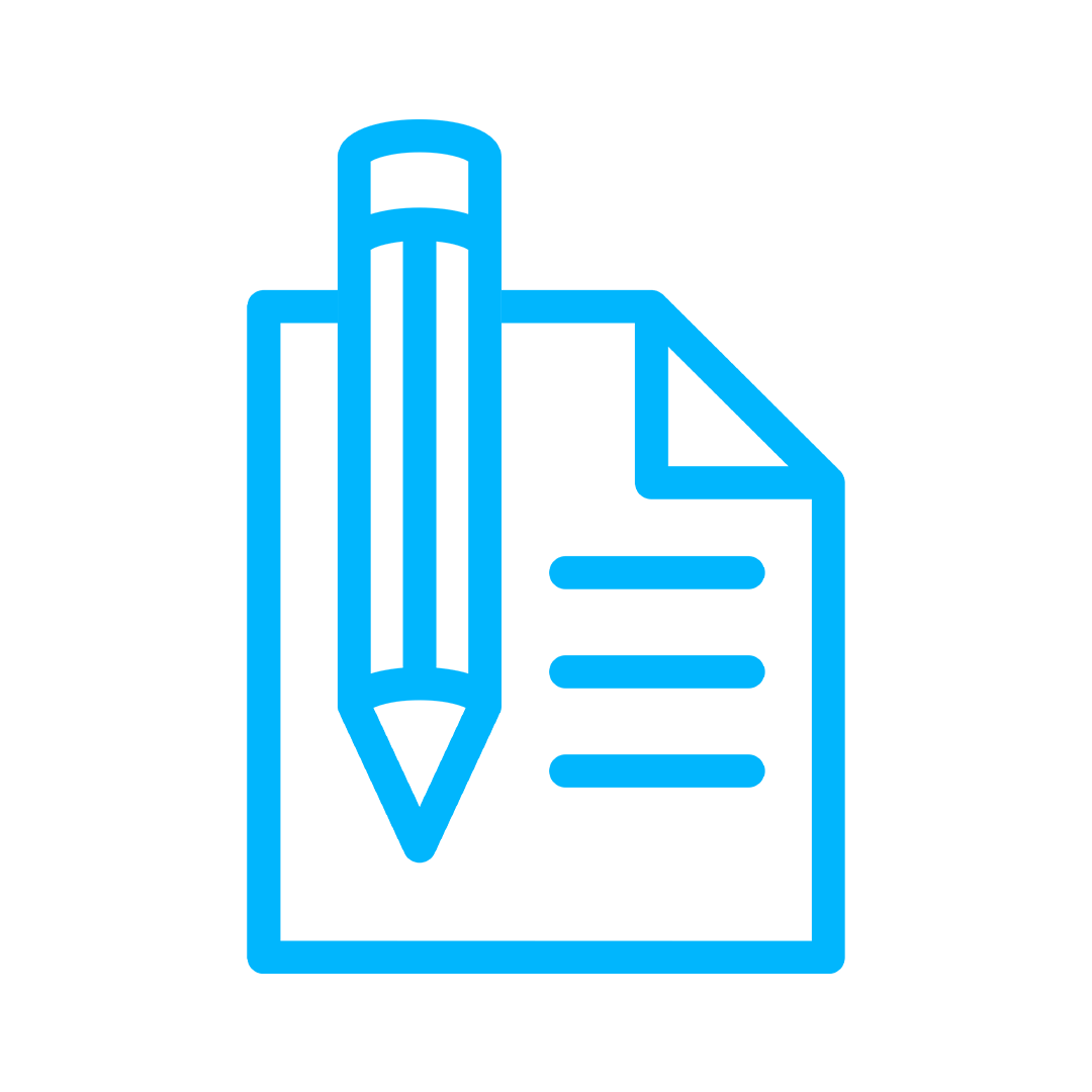 Outline icon of a notepad with a pencil, in blue, on a black background.