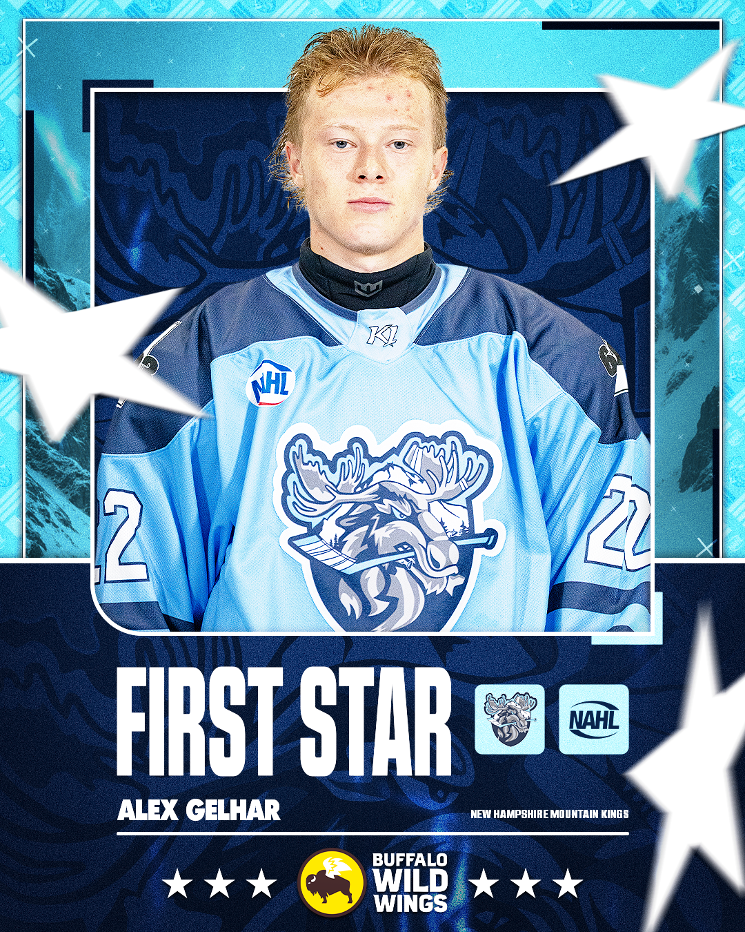 Young male hockey player in a New Hampshire mountain kings uniform posing for a photo with a serious expression, surrounded by a graphic design with stars and logos.