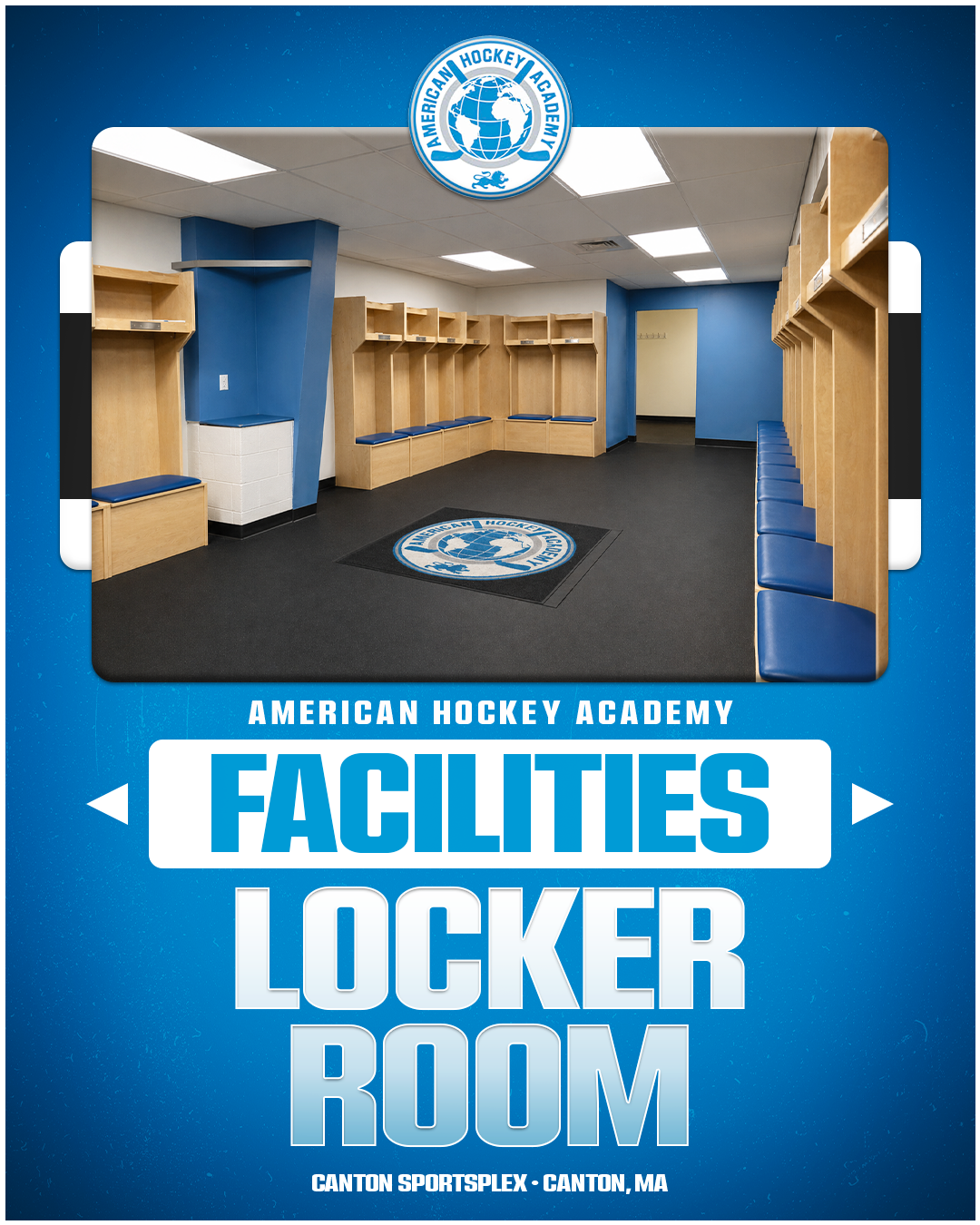 Image of a locker room with wooden lockers and blue seats, featuring the American Hockey Academy logo on the carpet and wall.