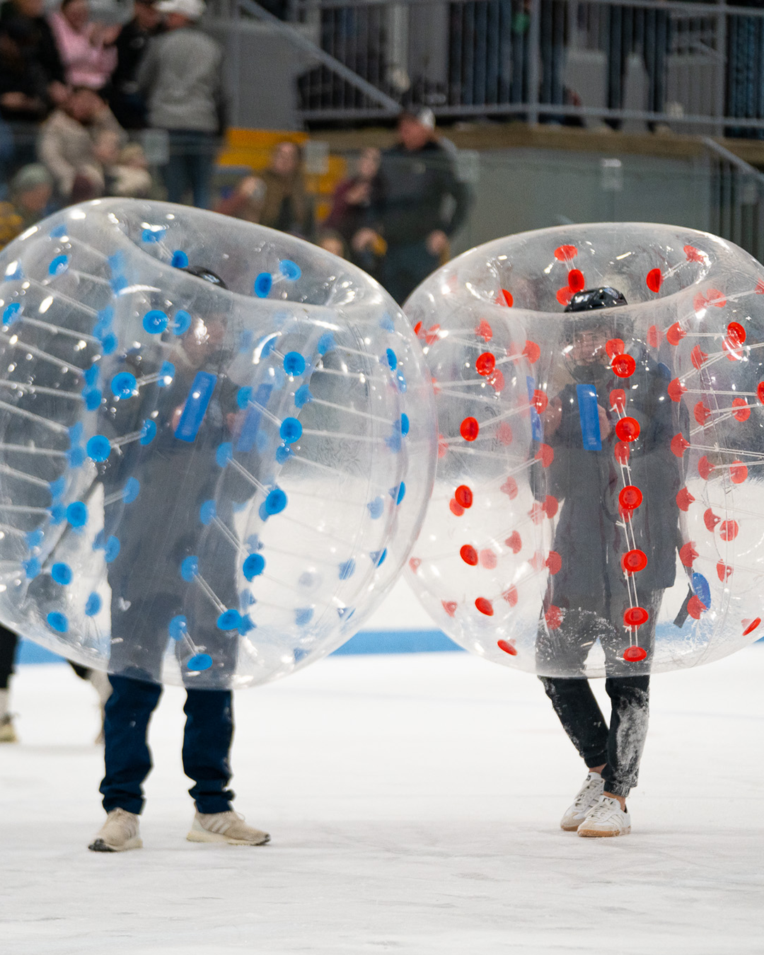 Two people playing bubble soccer on an ice rink, one in a clear suit with blue spots, the other in a similar suit with red spots, with spectators watching in the background.
