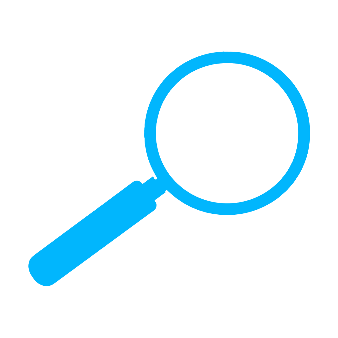 Blue magnifying glass icon on a black background.