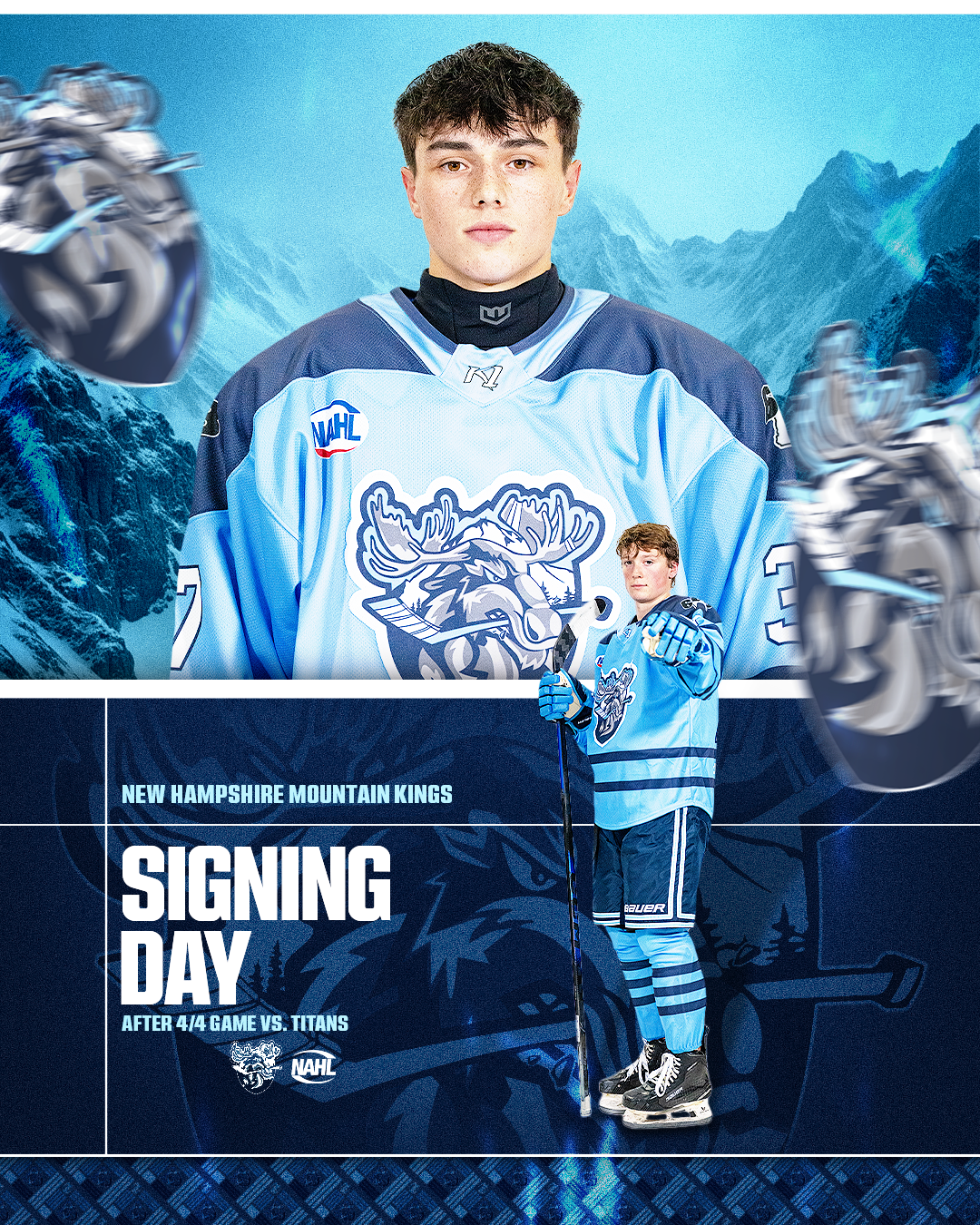 A young male hockey player in a blue New Hampshire Mountain Kings jersey and skates, holding a hockey stick and pointing towards the camera. The background features icy mountains and stylized spinning hockey pucks. The bottom text reads: "New Hampshire Mountain Kings Signing Day after 4/4 game vs. Titans."