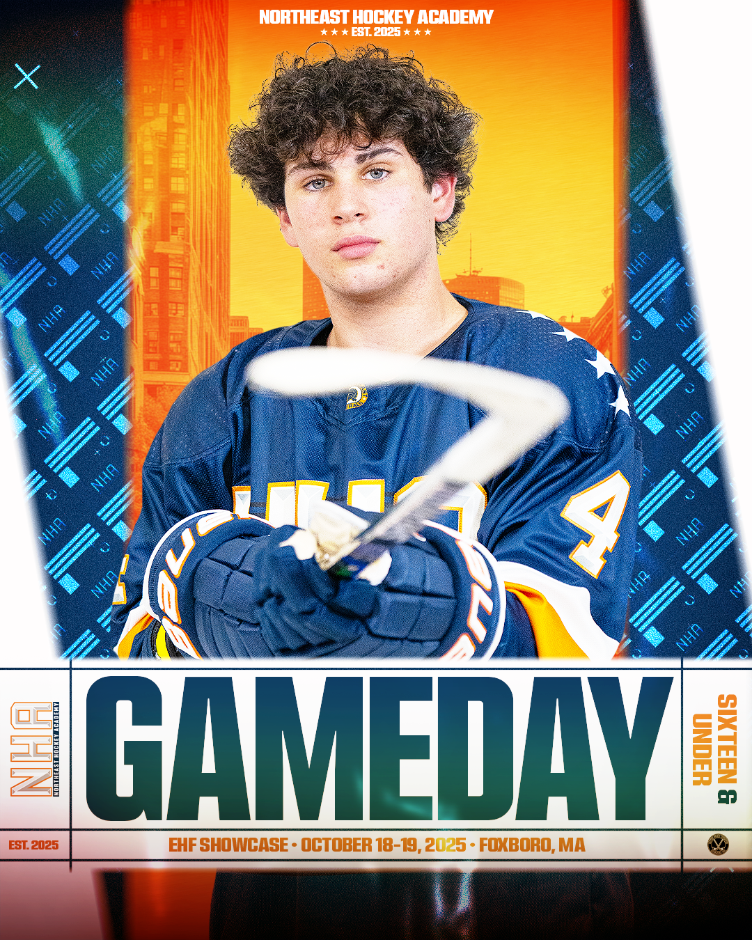Promotional poster for a hockey game featuring a young male hockey player in a blue jersey with white and yellow accents, standing in front of a colorful cityscape background. The poster includes the text 'GAMEDAY' in large letters, details for the EHF Showcase on October 18-19, 2025, at Foxboro, MA, and mentions Northeast Hockey Academy, established in 2025.