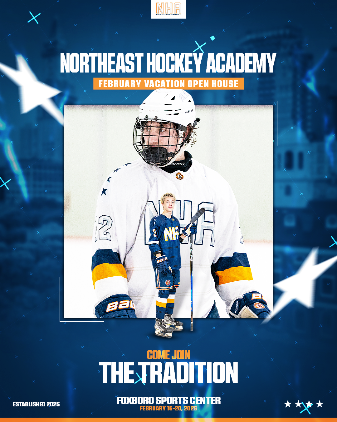 An ice hockey player wearing a white jersey with NEHL logo and helmet standing on the ice, with smaller hockey figures and text promoting Northeast Hockey Academy's February vacation open house at Foxboro Sports Center from February 16-20, 2026.