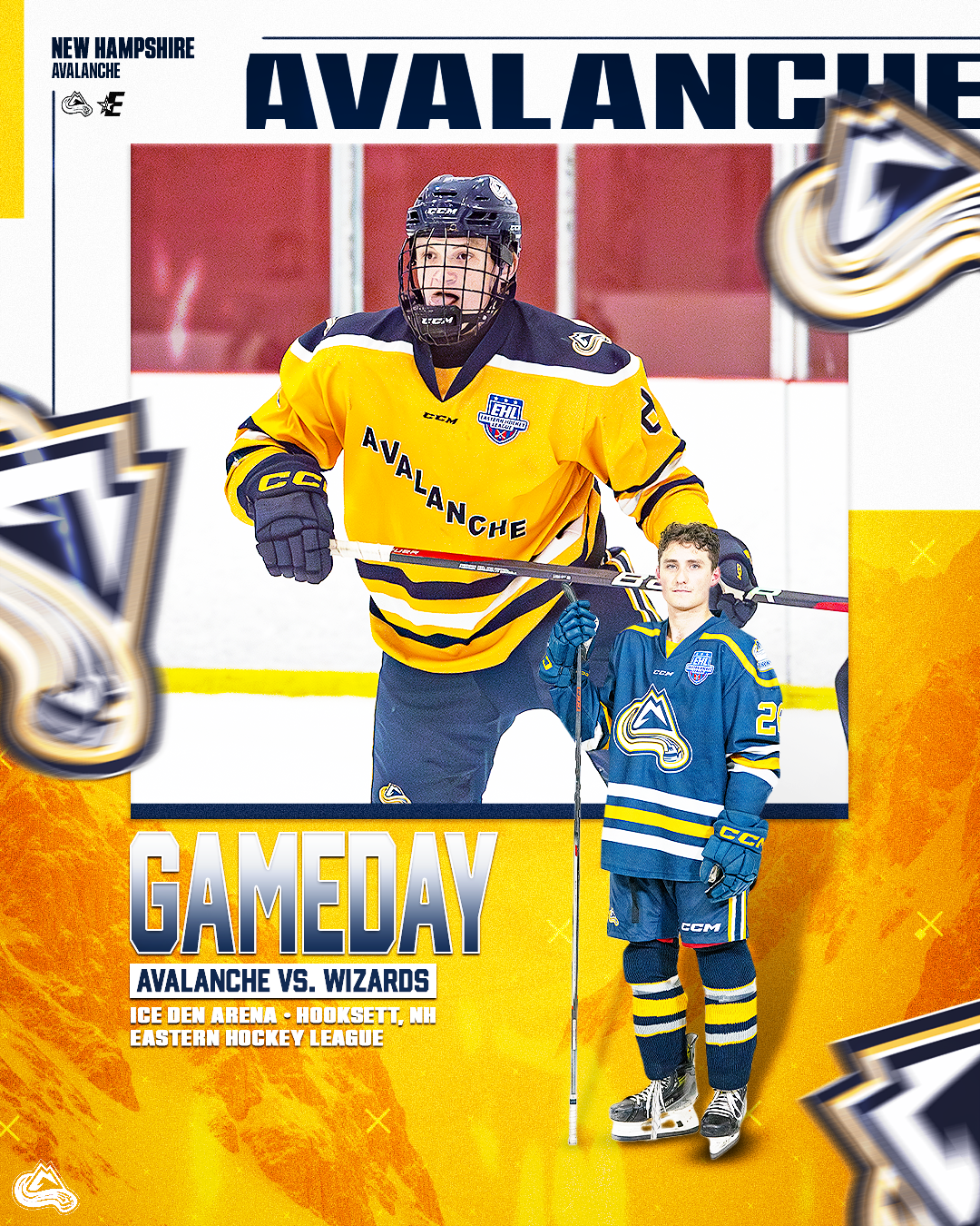 Event poster for an ice hockey game between the Avalanche and Wizards at Ice Den Arena, Hooksett, NH, in the Eastern Hockey League. Features an ice hockey player in a yellow Avalanche jersey and a young player in a blue Avalanche jersey.