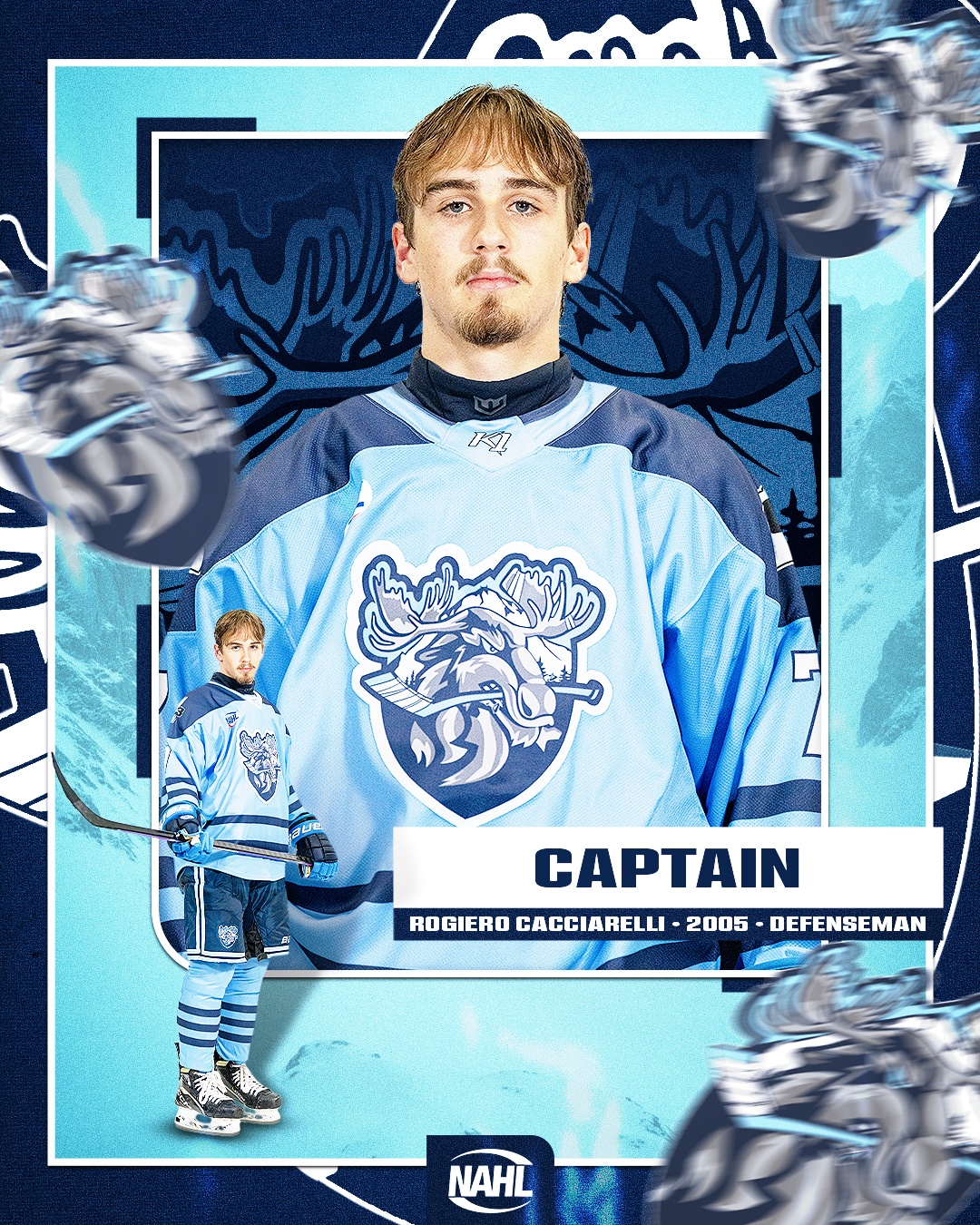 A hockey player in a blue jersey with a moose logo, holding a hockey stick, standing on ice with a digital graphic background and the word 'CAPTAIN' indicating Rogiero Cacciurelli, born in 2005, as a defenseman.
