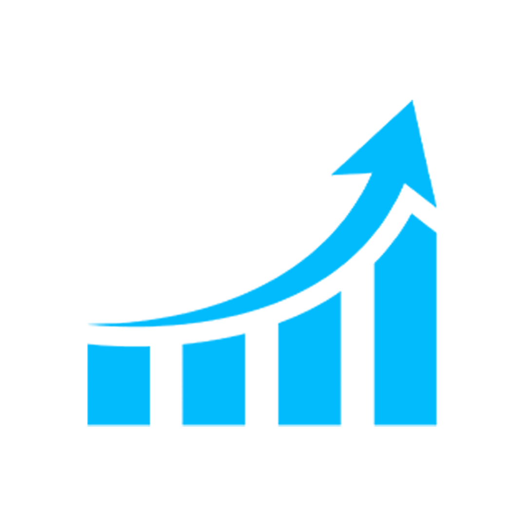 Blue bar graph with four ascending bars and a curved upward arrow above them, symbolizing growth or increase.