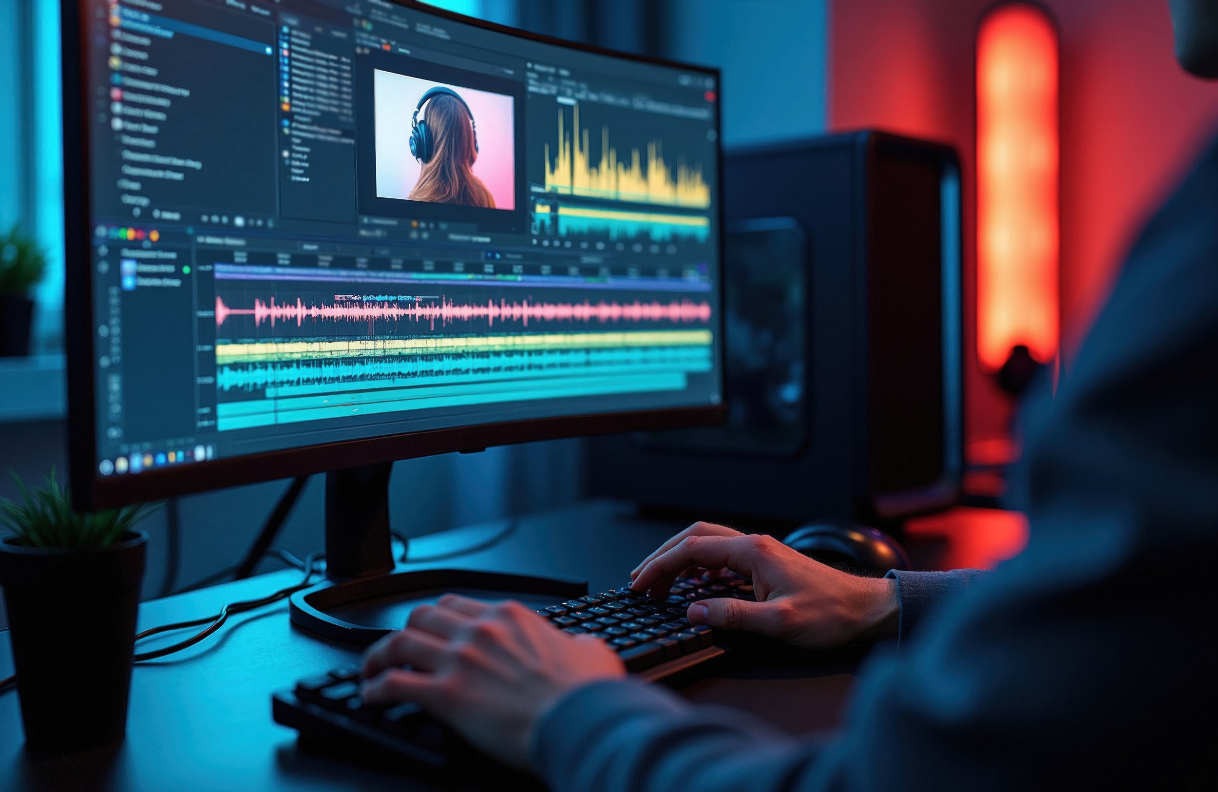 Close-up of a person editing audio on a computer with a dual monitor setup, featuring waveform and editing software, in a dimly lit room with red and blue lighting.