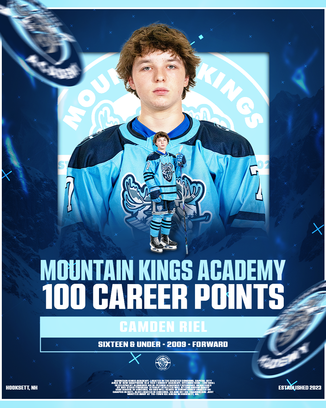 Award poster for Camden Riel at Mountain Kings Academy, highlighting 100 career points for a youth hockey player, age sixteen and under, born in 2009, in forward position.