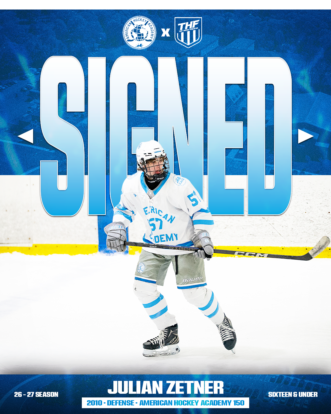 A hockey player in a white uniform with blue accents skating on the ice, holding a hockey stick, under a large overlay that says 'SIGNED' in big letters. The player is wearing a helmet with a cage, and the uniform has the text 'AMERICAN HOCKEY ACADEMY.'