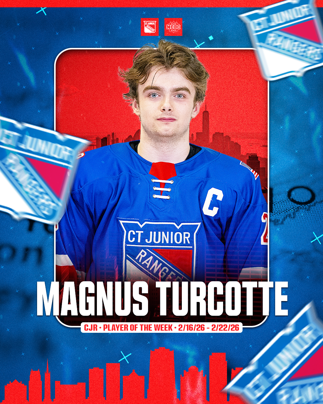 Young man in blue hockey jersey with 'C' on chest, standing in front of a red background with a city skyline, holding a CT Junior Rangers Player of the Week poster, dated February 16 to February 22, 2026.