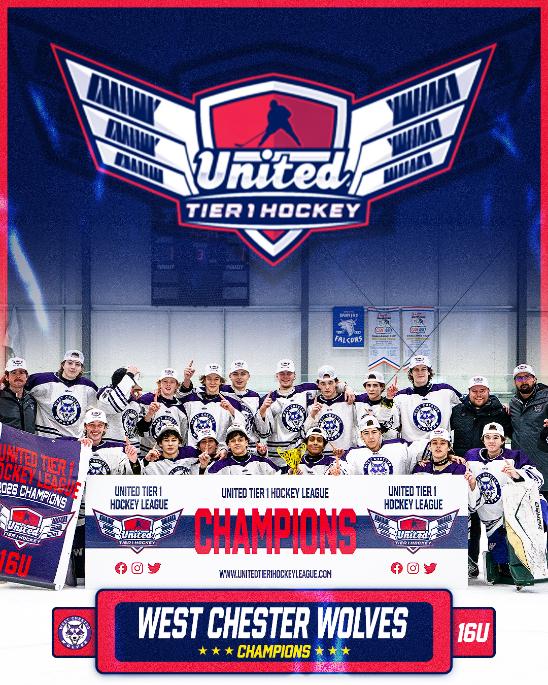 A youth hockey team on the ice celebrating their championship win, holding a banner that reads "West Chester Wolves Champions" with a trophy in front. The team is wearing white and purple jerseys, and the background displays banners and a digital scoreboard.