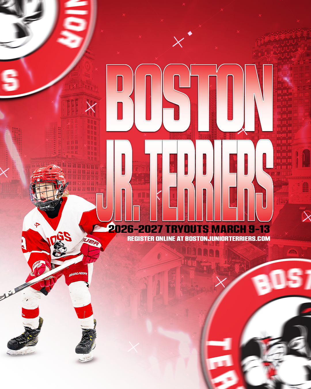 Poster for Boston Jr. Terrorers hockey team, featuring a young hockey player in a red and white uniform holding a hockey stick. The background shows Boston cityscape with large text announcing tryouts from March 9-13, 2026-2027, and a website link for registration.