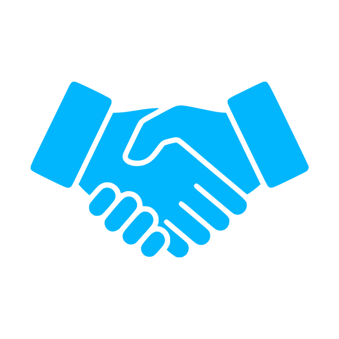 Graphic of two hands shaking, depicted in blue with black outlines, symbolizing partnership or cooperation.