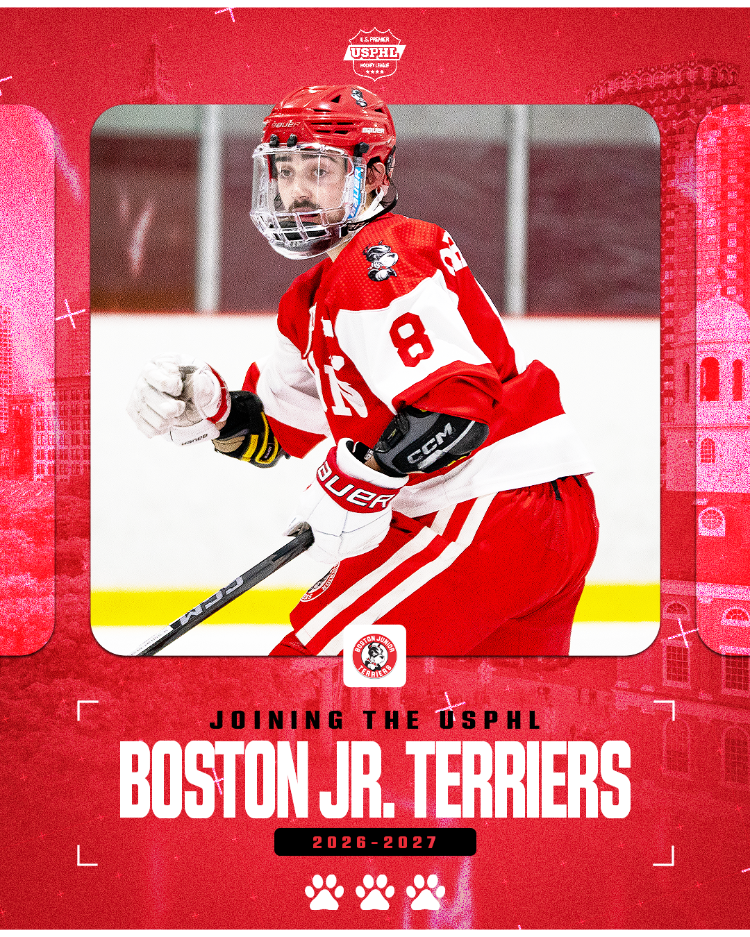 A hockey player in red and white uniform with the number 8 is skating on ice, wearing a red helmet with a face shield, gloves, and holding a hockey stick. The background features an ice rink and a red graphic design celebrating the Boston Jr. Terriers joining the USPHL for the 2026-2027 season.