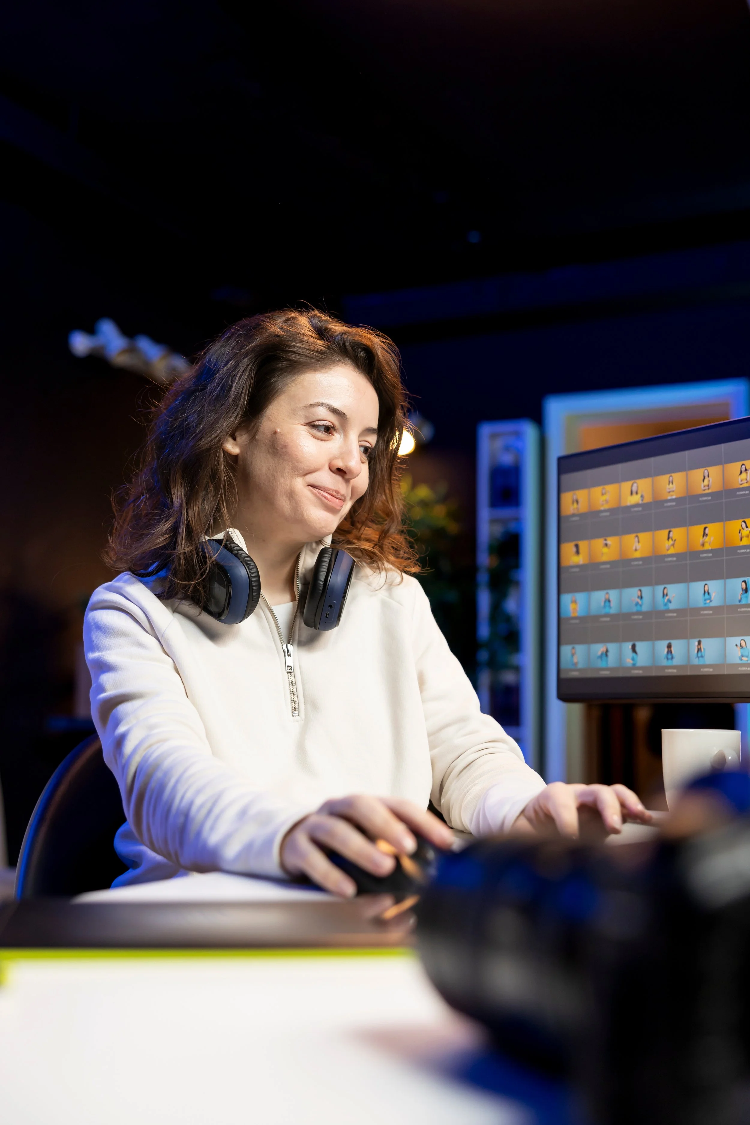 A young woman with curly brown hair, smiling, working on a computer mouse in a dimly lit room with a computer screen displaying emojis or icons.