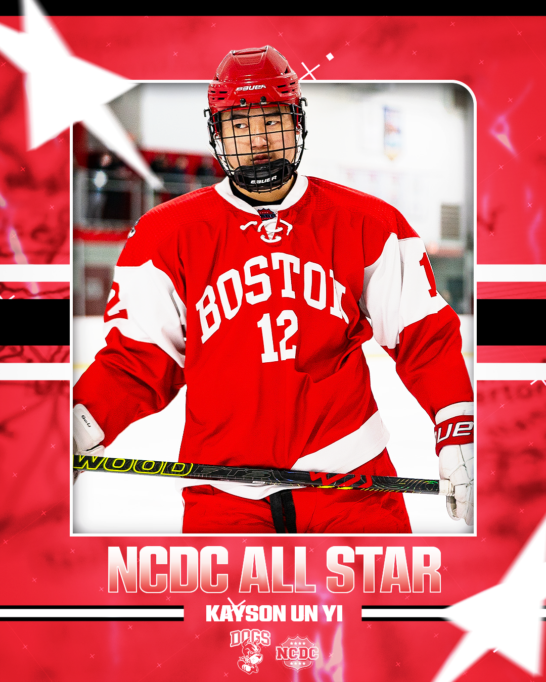 Hockey player in a red and white Boston jersey with number 12, wearing a red helmet and holding a hockey stick, standing on the ice rink.