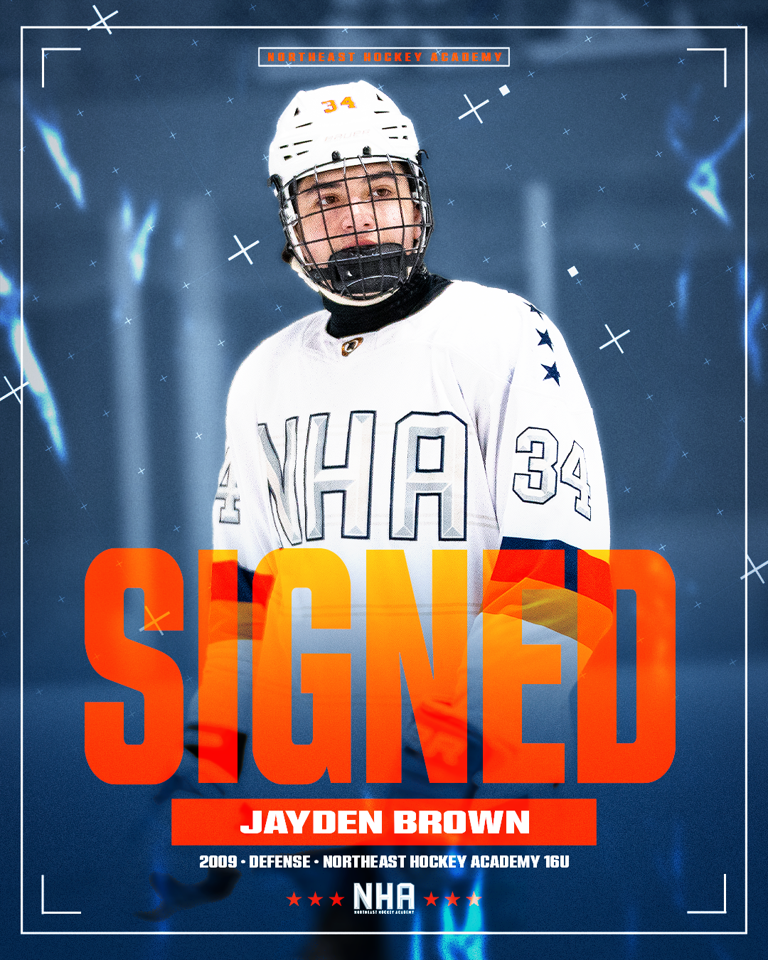 Ice hockey player in a white jersey with the name NHA and number 34, wearing a helmet, celebrating signed with 'SIGNED' written in bold orange letters with a background featuring neon lights and digital effects.