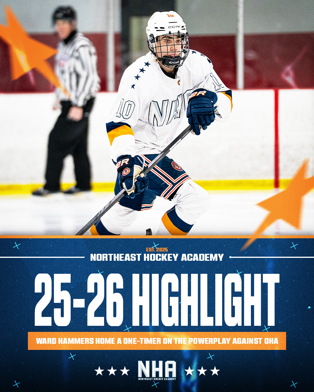 A hockey player in a white jersey with the number 10 and a helmet, skating on the ice during a game, with a referee in the background. The lower part of the image has a graphic with text about Northeast Hockey Academy's recent game highlights.