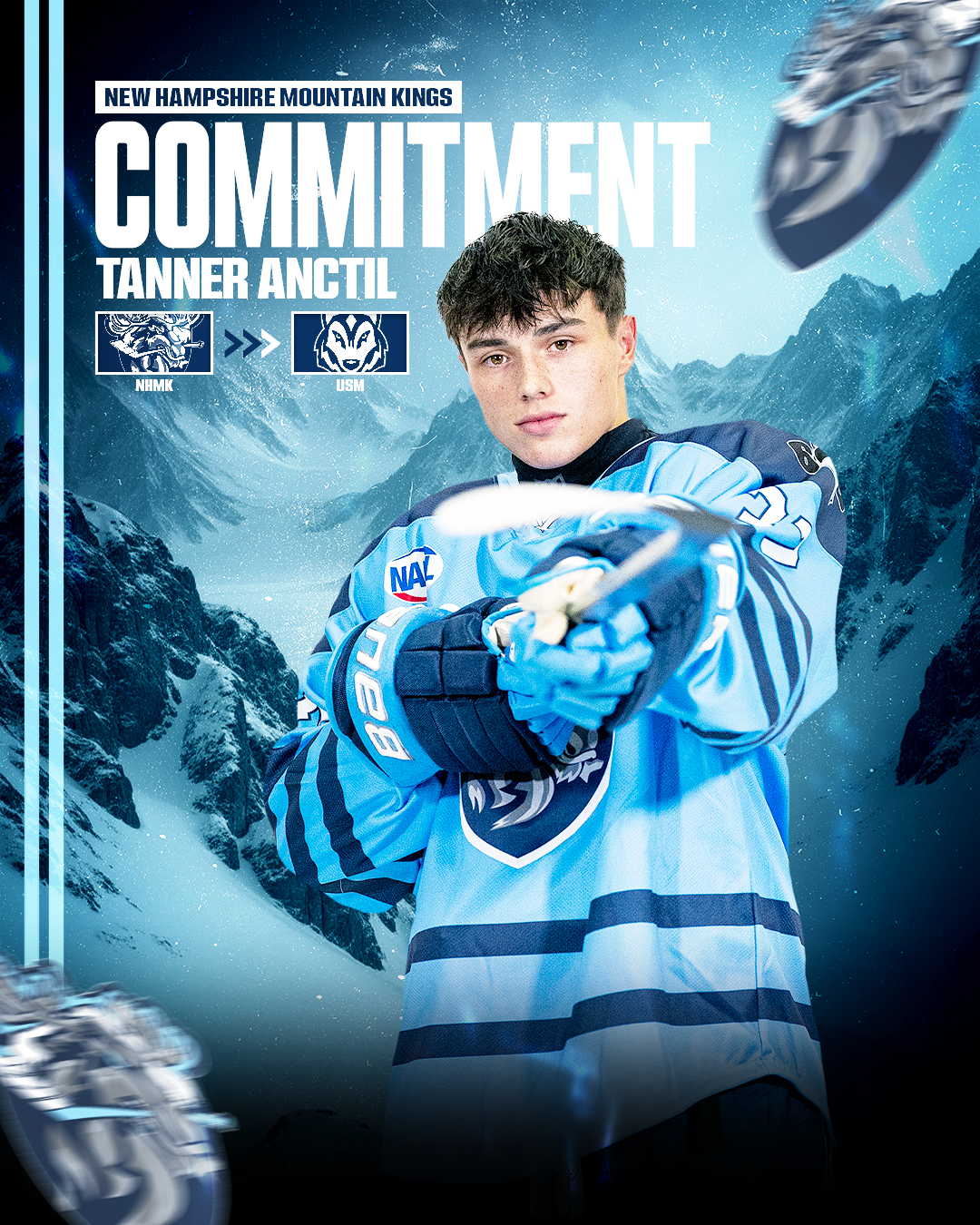 A young ice hockey player in a light blue and navy jersey with gloves, pointing towards the camera against a snowy mountain background. Text indicates commitment, with logos and names of New Hampshire Mountain Kings and Tanner Anctil.