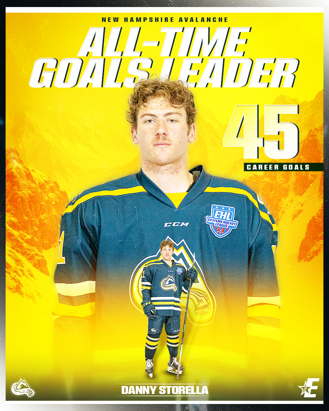 Design celebrating Danny Storella's 45 career goals in ice hockey, featuring a large portrait of him in hockey gear against a yellow mountainous background with text and logos.