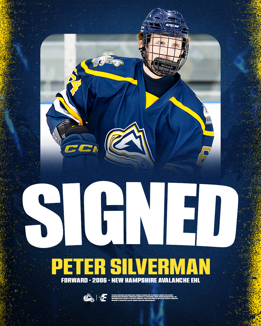 A hockey player in a blue jersey with yellow accents and a helmet is on the ice. The jersey features a mountain logo. The text on the image indicates that Peter Silverman, a forward born in 2006, signed with the New Hampshire Avalanche EHL.