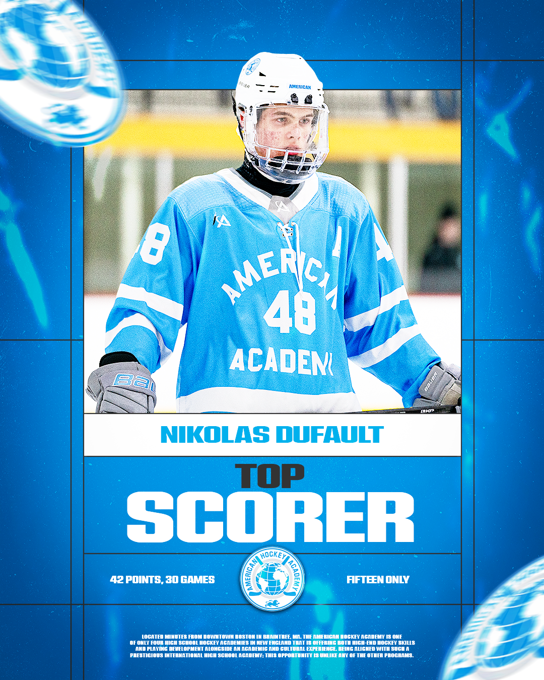 Hockey player in blue jersey, number 48, with 'American Academy Academy' text, wearing a helmet, standing on ice rink.