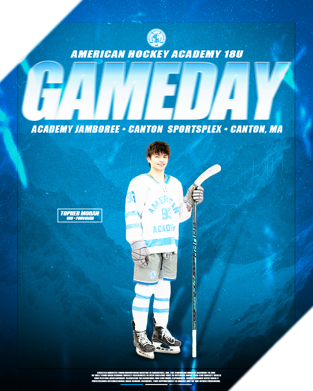 Poster for American Hockey Academy 18U game day at Canton Sportsplex in Canton, MA, featuring a young hockey player in uniform with a hockey stick.
