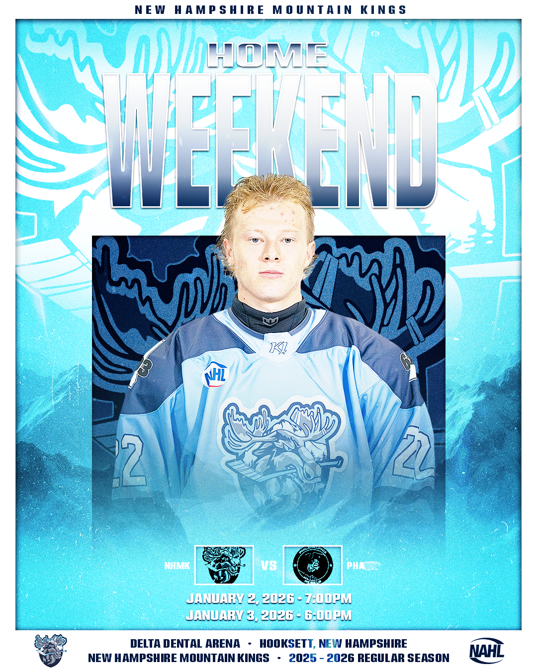 Hockey game schedule poster featuring a player in New Hampshire Mountain Kings jersey, with game dates January 2 and 3, 2026, at Delta Dental Arena, Hooksett, New Hampshire.
