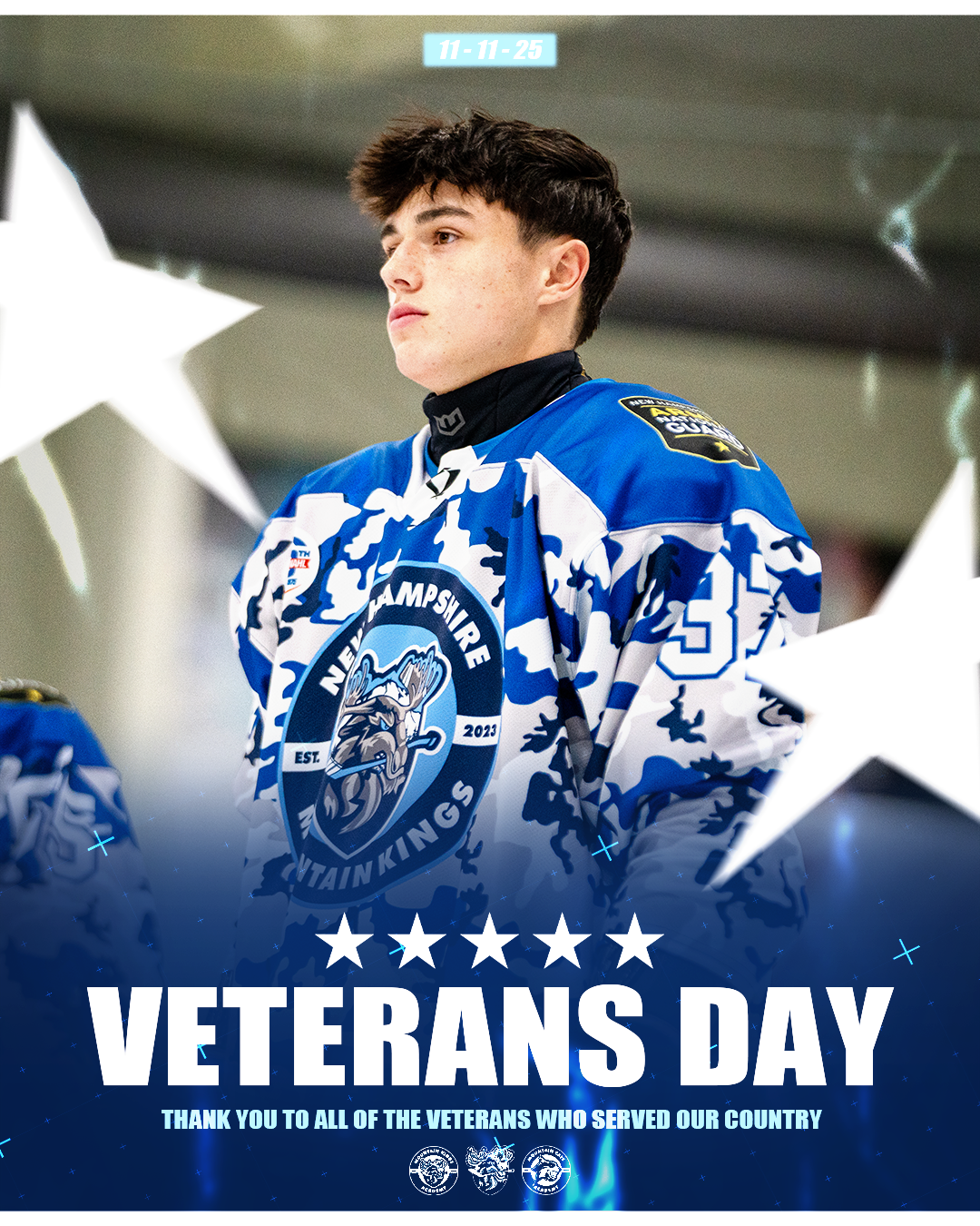 Young man wearing a blue and white hockey jersey with a crest that says 'New Hampshire Navy King' and the number 3 on the sleeve, standing indoors with fans and decorations in the background. The image is marked with a Veterans Day message, including the date 11-11-25 and a thank you note to veterans.