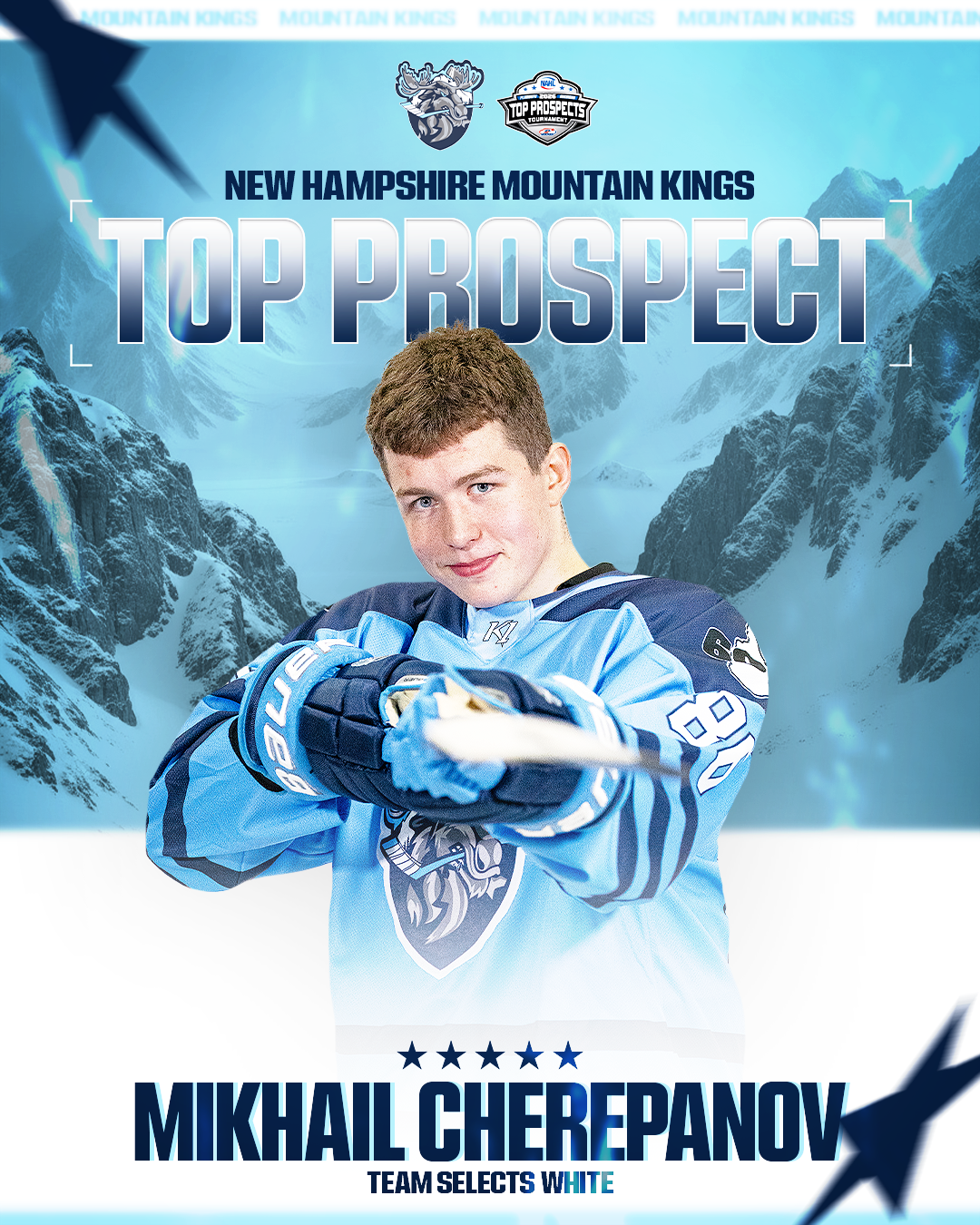 A young hockey player in a blue and white jersey with a logo, posing with arms crossed and holding a hockey stick, in front of a snowy mountain backdrop, promoting Mikhail Cherepanov as a top prospect for the New Hampshire Mountain Kings hockey team.