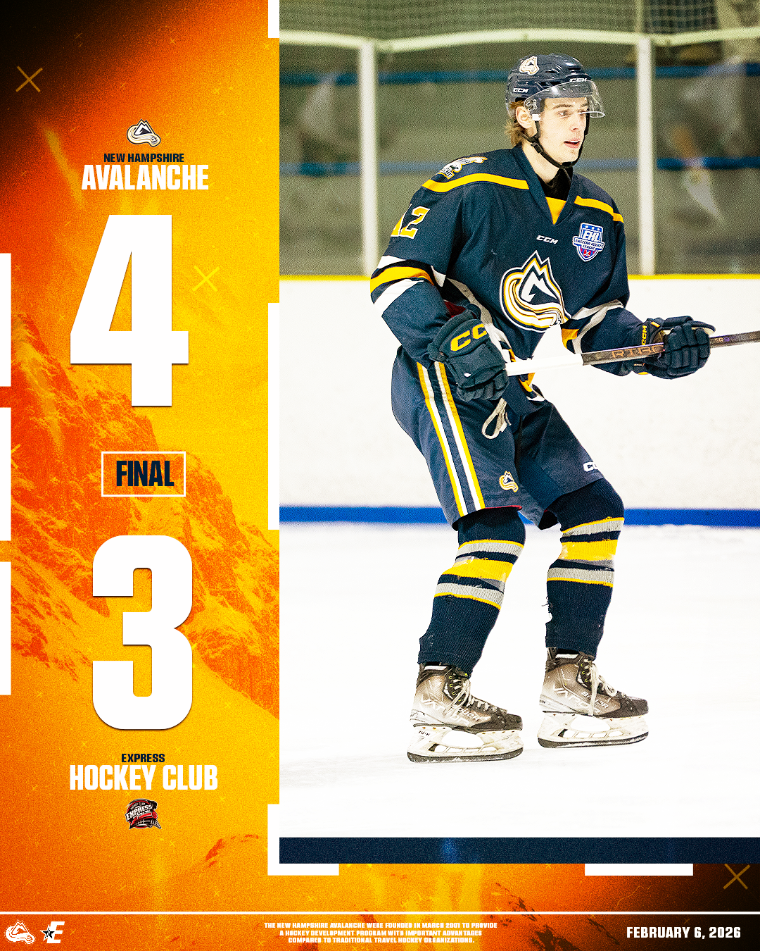 Scoreboard displaying the final score of a hockey game with New Hampshire Avalanche winning 4-3 against Express Hockey Club on February 6, 2026. The image includes a hockey player in a dark blue and yellow uniform skating on ice.