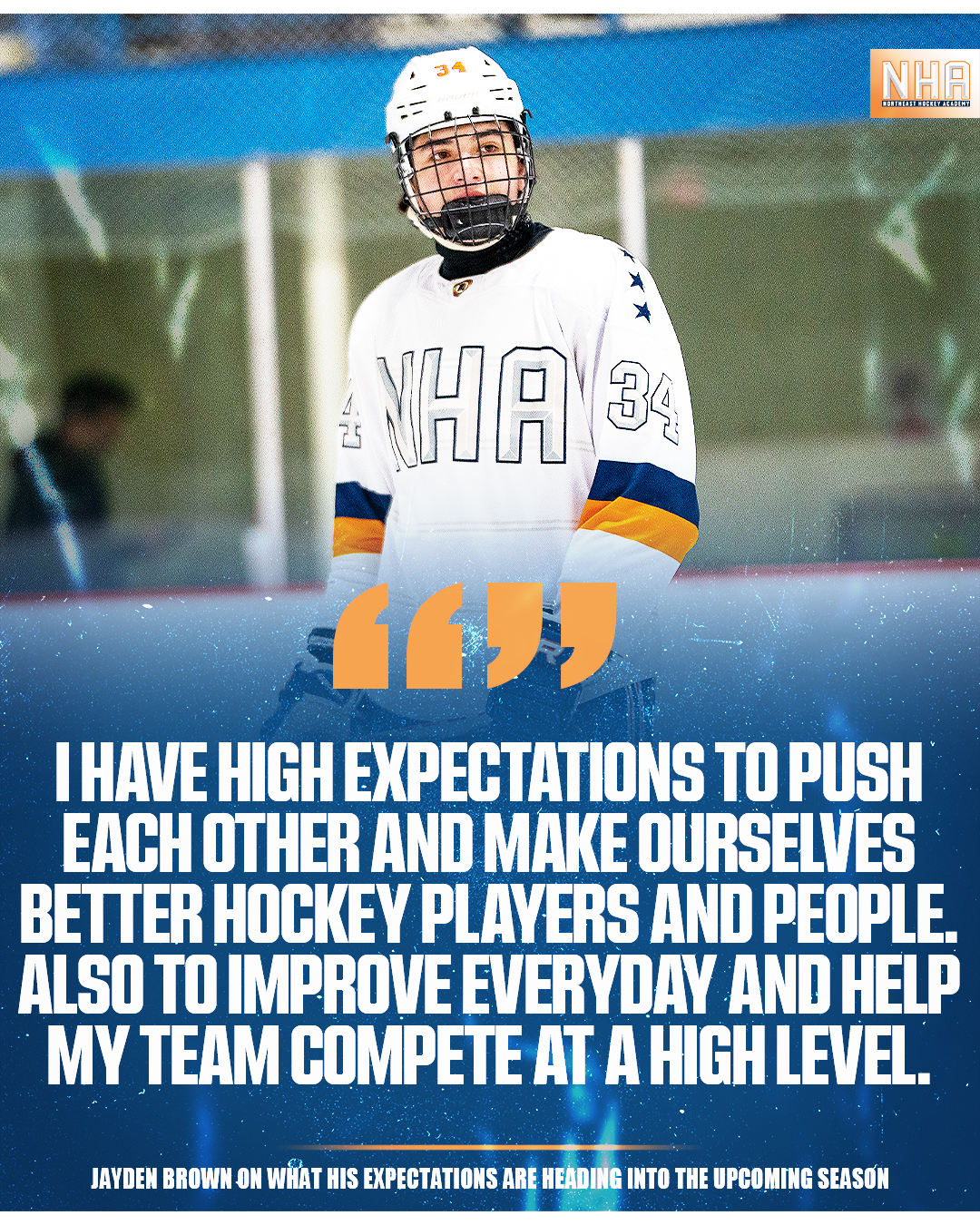 A young hockey player wearing a white and blue jersey and a helmet, standing on an ice rink. The background shows a blurred ice rink and spectators. The image includes overlaid text with a quote and a logo in the top right corner.